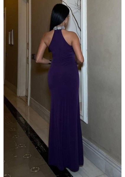 Halter Yaka Taşlı Scuba Abiye Elbise Mor 583143 modelleri