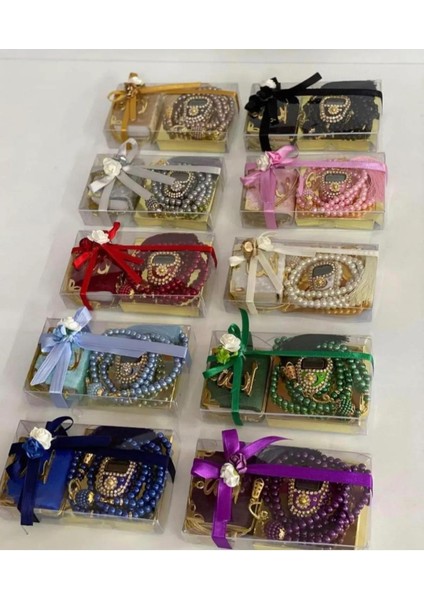 10 Adet Karışık Renk Hediyelik Kutulu Mini Kuran-I Kerim Tesbih ve Taşlı Zikirmatik Seti