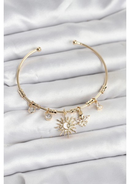 Bfs Güneş Charmlı Gold Renk Pirinç Kadın Bileklik