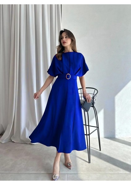Kemerli Yırtmaçlı Kadın Saks Elbise Midi 583292