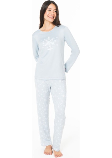 20151 Kadın Mavı Yuvarlak Yaka Uzun Kollu Pijama Takımı fiyatları