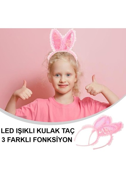 Kenarları Dantelli Pembe Pullu Payetli LED Işıklı Tavşan Kulak Taç 23X19 cm fırsatları