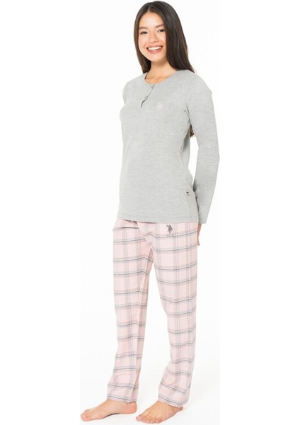 20169 Kadın Grı Melanj Yuvarlak Yaka Uzun Kollu Pijama Takımı