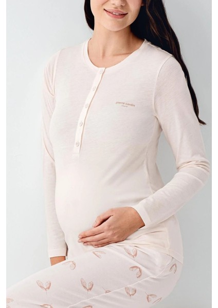 9066 Kadın Toz Pembe Uzun Kollu Hamile Lohusa Önden Emzirme Özellikli Pijama Takımı