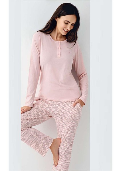 9080 Kadın Pembe Uzun Kollu Yarım Pat Pijama Takımı