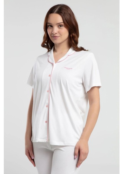 7715 Kadın Krem Kısa Kollu Önden Düğmeli Biyeli Gömlek Pijama Takımı fırsatları