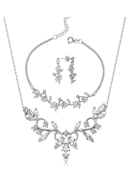 925 Ayar Kadın Gümüş Su Yolu Takı Seti – Pırlanta Montür Kolye, Küpe, Bileklik Özel Hediye Kutulu