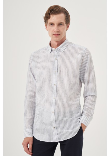 Erkek Lacivert Keten Trend Dynamic Fit Britli Yaka Gömlek