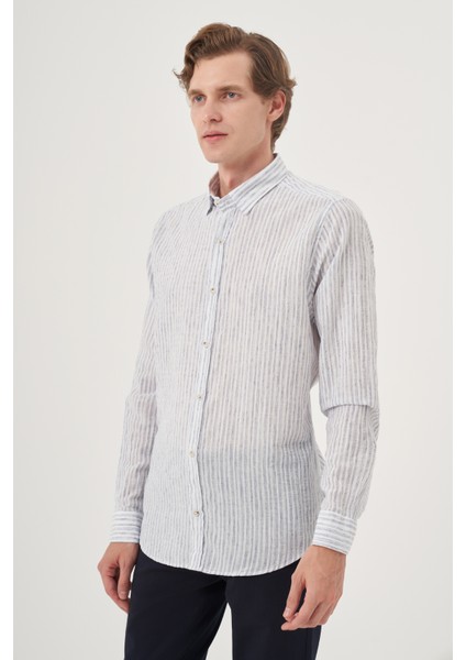 Erkek Lacivert Keten Trend Dynamic Fit Britli Yaka Gömlek modelleri