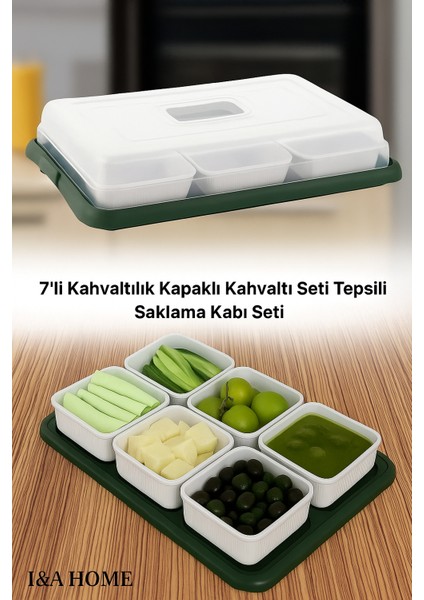 6' Lı Yeşil Kahvaltılık Kapaklı Kahvaltı Seti Tepsili Saklama Kabı Seti