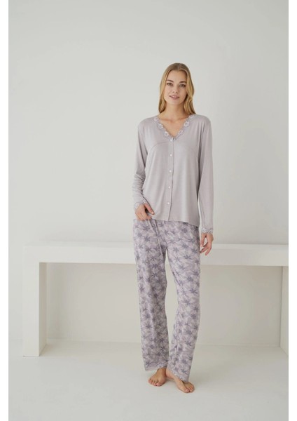 Kadın Ring Viskon Kumaş Dantelli Yaka Detaylı Lila Pijama Takımı