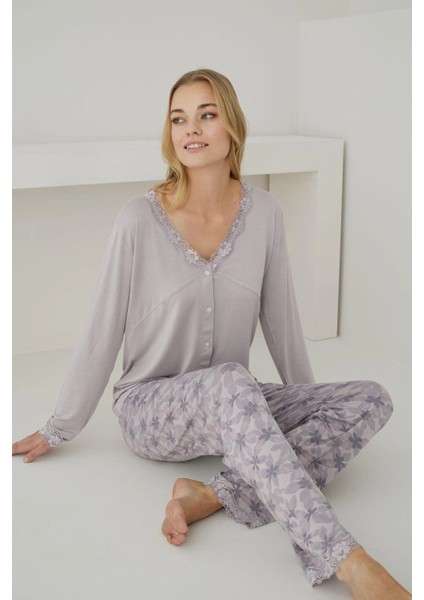 Kadın Ring Viskon Kumaş Dantelli Yaka Detaylı Lila Pijama Takımı fiyatları