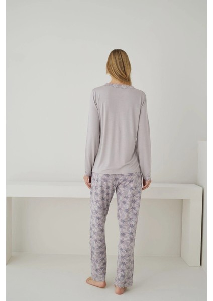 Kadın Ring Viskon Kumaş Dantelli Yaka Detaylı Lila Pijama Takımı modelleri