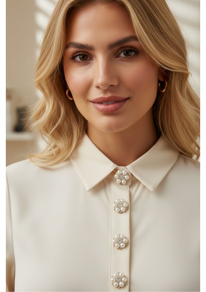 Trend 6 Incili Kristal Detaylı Düğme Kapağı Broş - Pure Blossom Pearl indirimleri