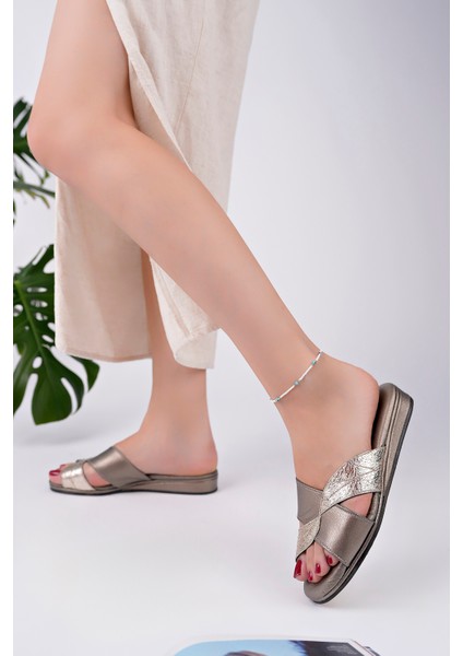 Kadın Hakiki Deri Bronz Şık Ev Terliği modelleri