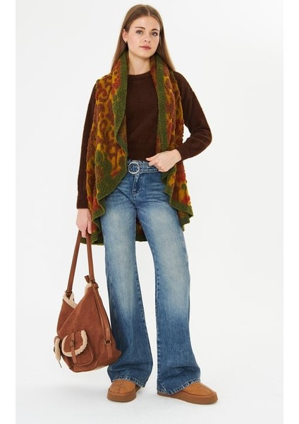 Kemerli Likralı Orta Mavi Denim Pantolon