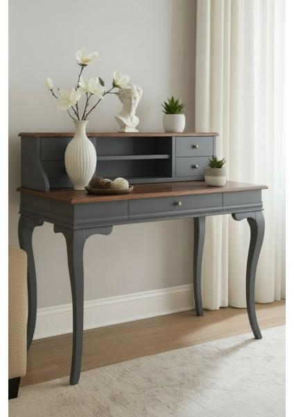 100 cm 5 Çekmeceli Masif Antrasit Ceviz Raflı Çalışma Masası