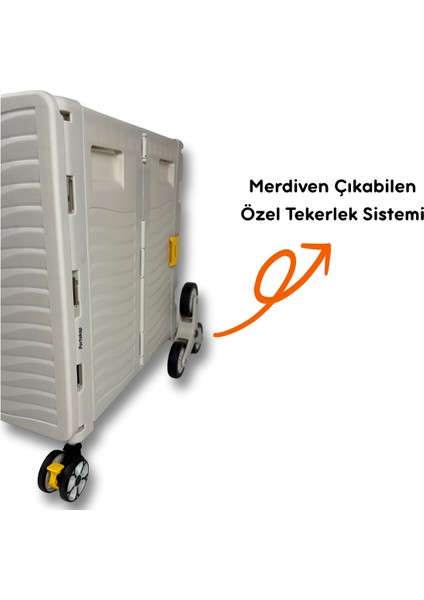 Ultra Geniş, 8 Tekerlekli, 85 Lt Beyaz Katlanır Alışveriş Arabası - Merdiven Çıkan, USB Port Girişli ve Bardak Tutuculu modelleri