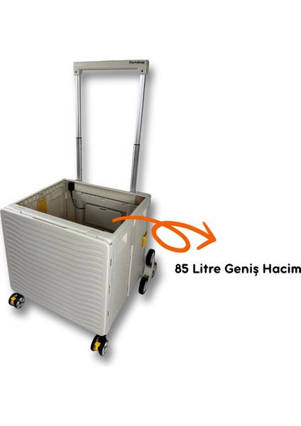 Ultra Geniş, 8 Tekerlekli, 85 Lt Beyaz Katlanır Alışveriş Arabası - Merdiven Çıkan, USB Port Girişli ve Bardak Tutuculu