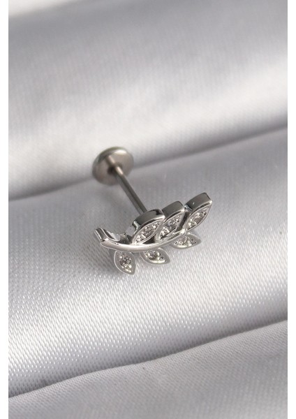 316L Çelik Gümüş Renk Dal Model Zirkon Taş Detaylı Tragus Piercing