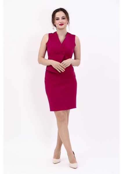 Kruvaze Çapraz Yelek & Yırtmaçlı Düz Dar Etek-Bordo fırsatları