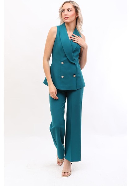 Abiye Yelek & Bol Paça Pantolon Takım-Petrol