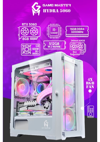 Hydra 5060 Intel I5-12400F Cpu 16GB 3200MHZ Ram 512GB Nvme M.2 SSD RTX5060 Sıvı Soğutuculu Gaming Pc