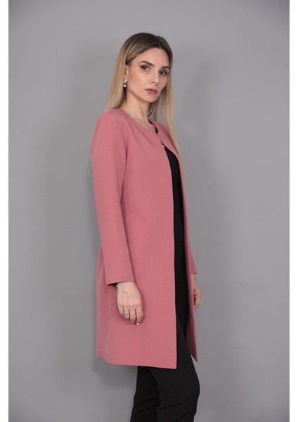 Sıfır Yaka Düz Uzun Ceket-Gül Kurusu modelleri