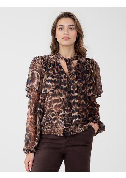 Acı Kahve Leopar Desenli V Yaka Uzun Kollu Şifon Gömlek