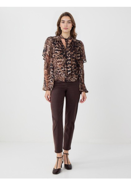 Acı Kahve Leopar Desenli V Yaka Uzun Kollu Şifon Gömlek fiyatları