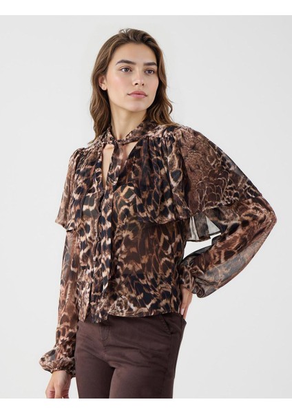 Acı Kahve Leopar Desenli V Yaka Uzun Kollu Şifon Gömlek modelleri