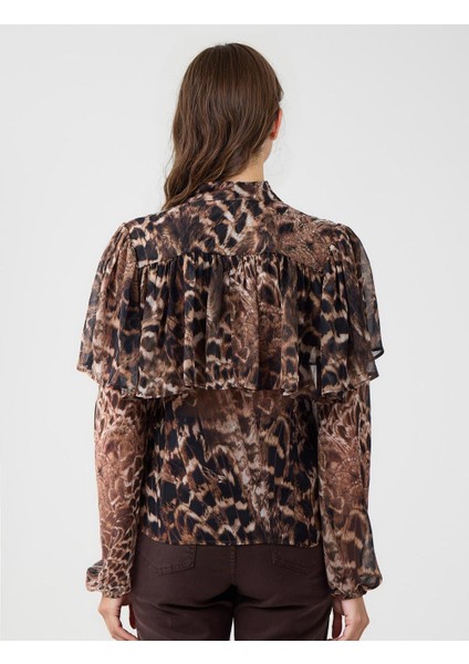 Acı Kahve Leopar Desenli V Yaka Uzun Kollu Şifon Gömlek fırsatları