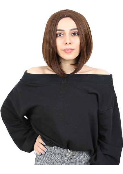 Kahkülsüz Düz Kısa Fiber Sentetik Peruk / Kahve Karamel