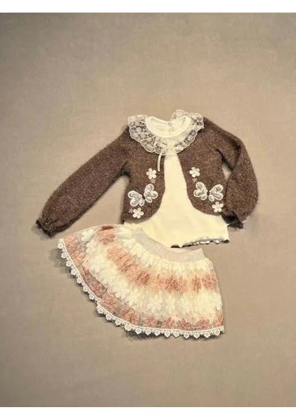 1-2-3 Yaş Brode Etekli Örme Hırkalı Uzun Kollu Sweat 3lü Kız Çocuk Takımı Kahverengi