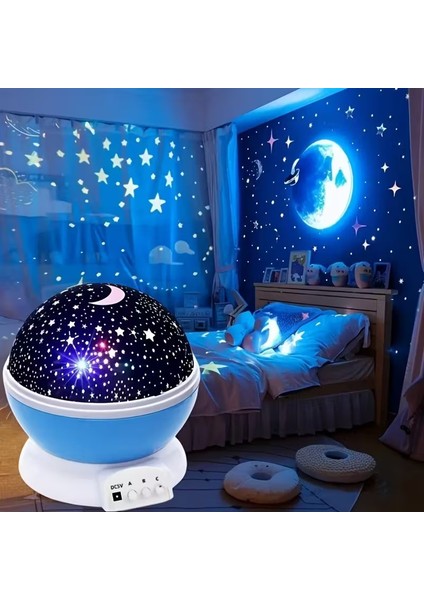 360° Dönen Yıldızlı Gökyüzü Projektör Gece Lambası – Çocuk Odası Gece Lambası USB Bağlantılı Renk Değiştiren Atmosfer Işığı (Mavi/pembe/mor)