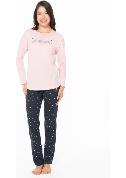 20140 Kadın Pembe Yuvarlak Yaka Uzun Kollu Pijama Takımı