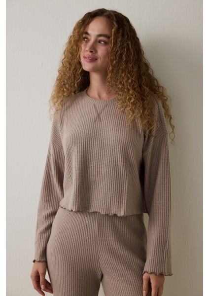 Koyu Bej Mocha Waffle Bisiklet Yaka Termal Etkili Pijama Takımı fiyatları