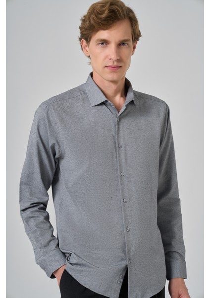 Erkek Gri Slim Fit Italyan Yaka Gömlek