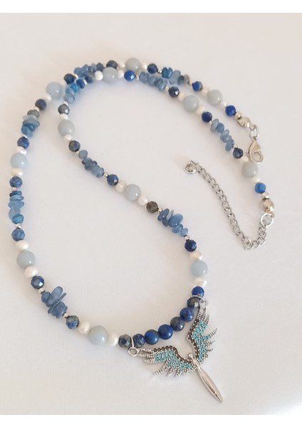 Melek Figür Inci, Angelite, Kyanit, Lapis Doğal Taş 45 cm Kolye