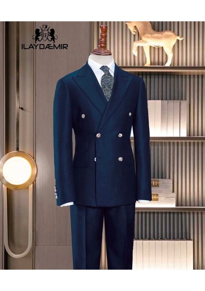 Özel Tasarım Italyan Kesim Kruvaze Erkek Takım Elbise Derin Lacivert