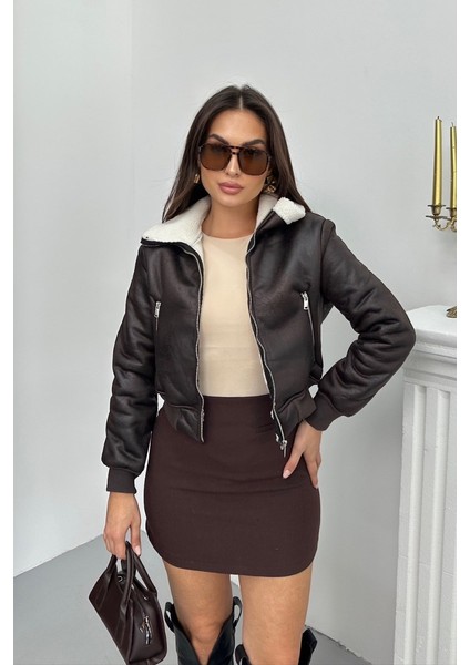 Kadın Ceket Kısa Süet Içi Kürklü Fermuarlı Çift Cepli Ribanalı Kısa Mont