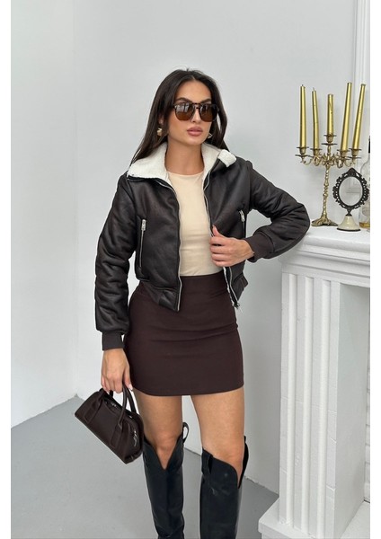 Kadın Ceket Kısa Süet Içi Kürklü Fermuarlı Çift Cepli Ribanalı Kısa Mont indirimleri