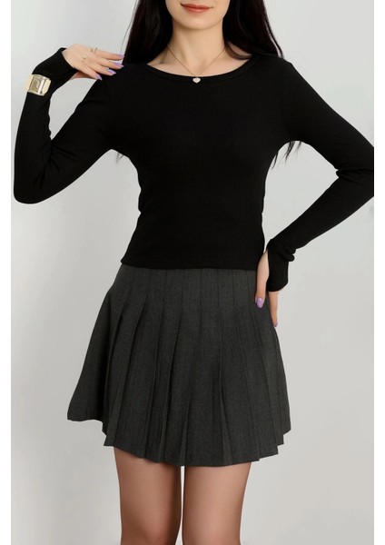 Bisiklet Yaka Parmak Geçmeli Kaşkorse Bluz Siyah