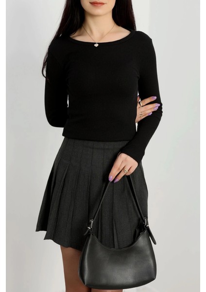 Bisiklet Yaka Parmak Geçmeli Kaşkorse Bluz Siyah