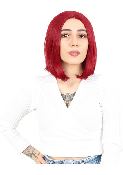 Fiber Sentetik Peruk Perçemsiz Kısa Düz / Kızıl