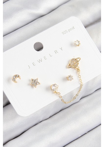Pirinç Zirkon Taşlı Yıldız ve Gezegen Model Gold Renk 925 Ayar Gümüş Çivi Kadın Küpe Set