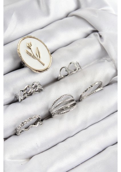 Pirinç Zirkon Taşlı Lale Model Gümüş Renk Kadın Yüzük Kombin Set