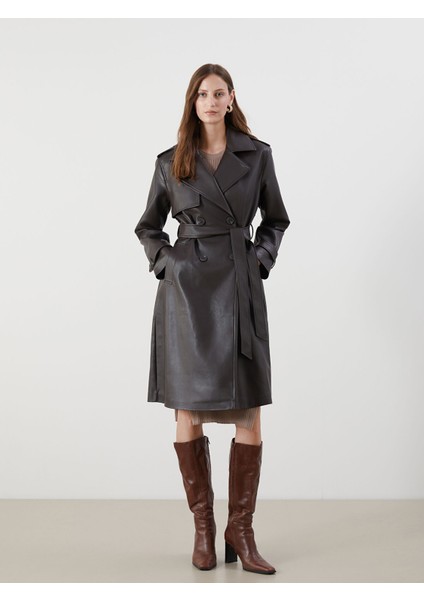 Yeni Sezon Ceket Yaka Kadın Deri Görünümlü Trençkot