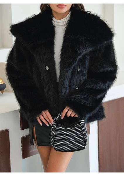 Zr Siyah Oversize Kısa Kürk Mont