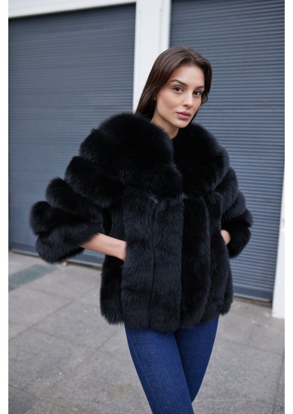 Dominera Yarım Kol Hakiki Tilki Kürk Ceket Siyah